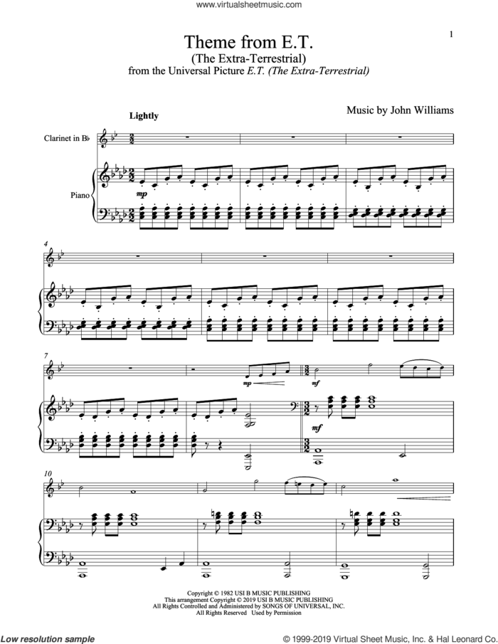 Theme From E.T. (The Extra-Terrestrial) sheet music for clarinet and piano by John Williams, intermediate skill level