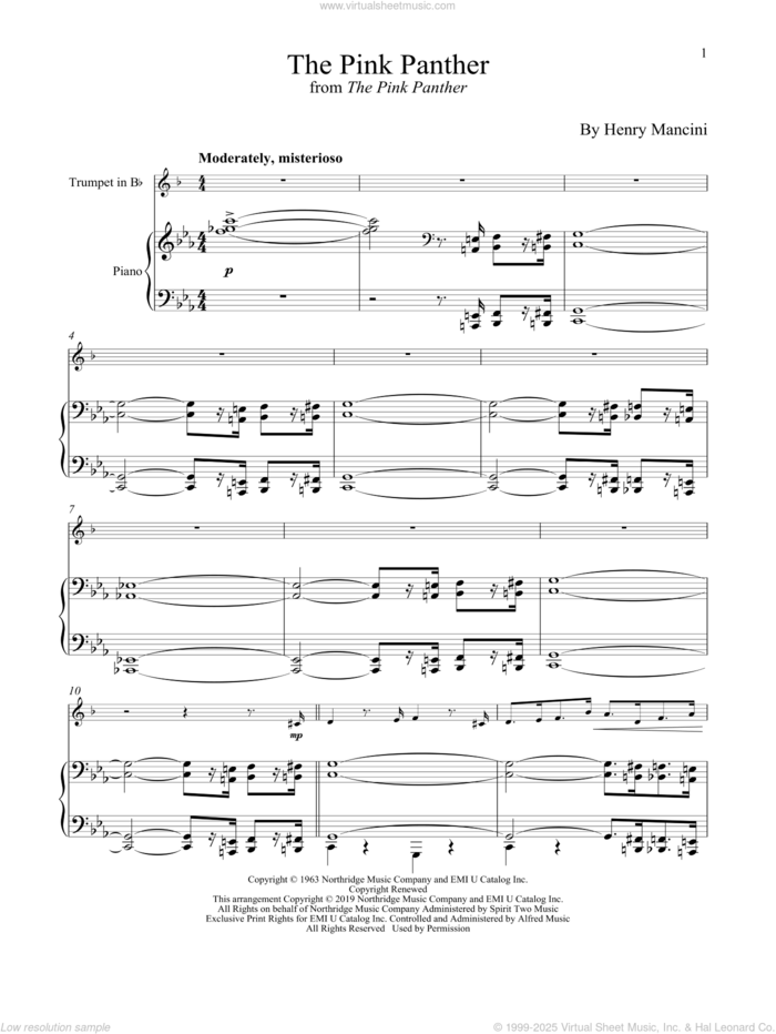 The Pink Panther sheet music for trumpet and piano by Henry Mancini, intermediate skill level