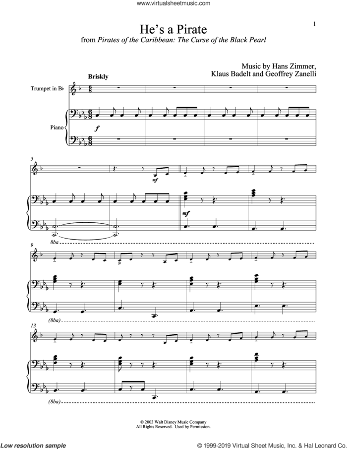 He's A Pirate (from Pirates Of The Caribbean: The Curse of the Black Pearl) sheet music for trumpet and piano by Hans Zimmer, Geoffrey Zanelli and Klaus Badelt, intermediate skill level
