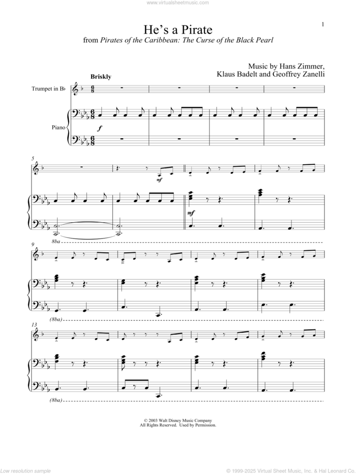 He's A Pirate (from Pirates Of The Caribbean: The Curse of the Black Pearl) sheet music for trumpet and piano by Hans Zimmer, Geoffrey Zanelli and Klaus Badelt, intermediate skill level