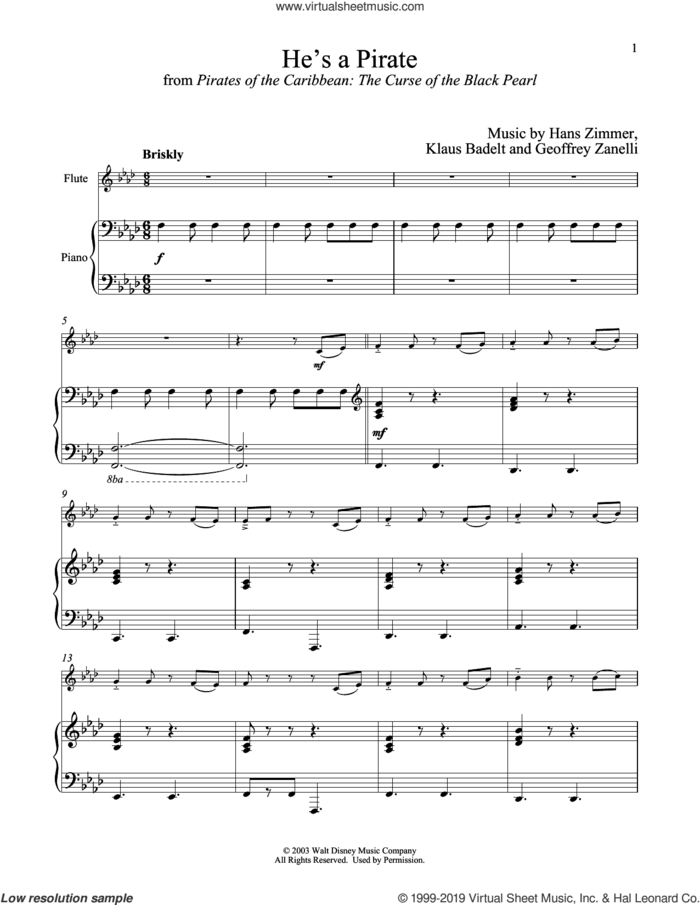He's A Pirate (from Pirates Of The Caribbean: The Curse of the Black Pearl) sheet music for flute and piano by Hans Zimmer, Geoffrey Zanelli and Klaus Badelt, intermediate skill level