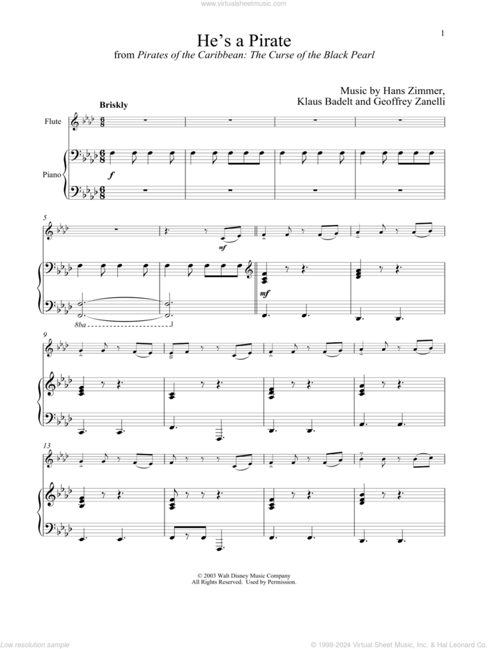 He's A Pirate (from Pirates Of The Caribbean: The Curse of the Black Pearl) sheet music for flute and piano by Hans Zimmer, Geoffrey Zanelli and Klaus Badelt, intermediate skill level