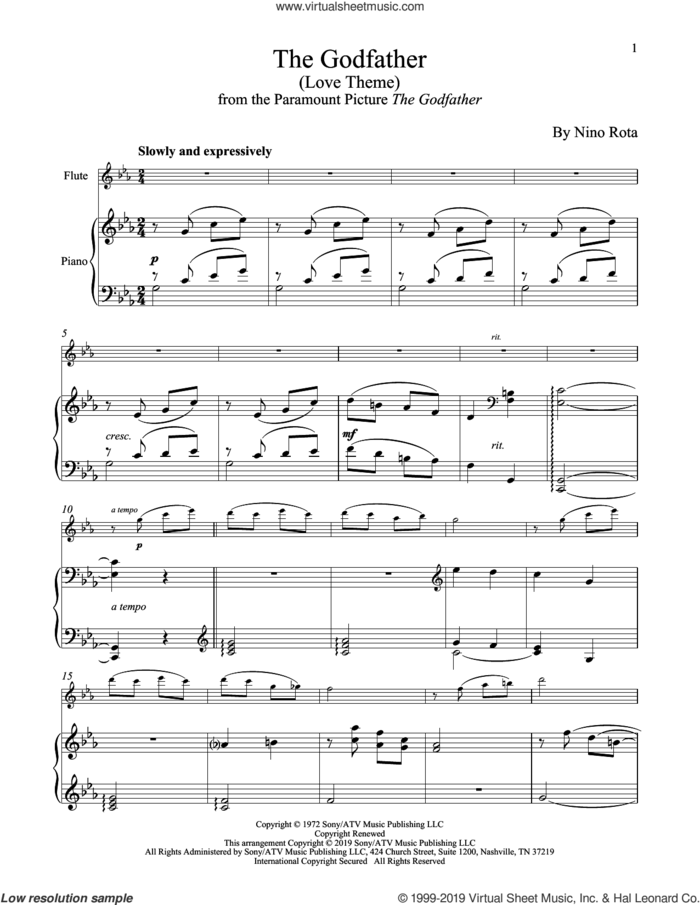 The Godfather (Love Theme) sheet music for flute and piano by Nino Rota, intermediate skill level