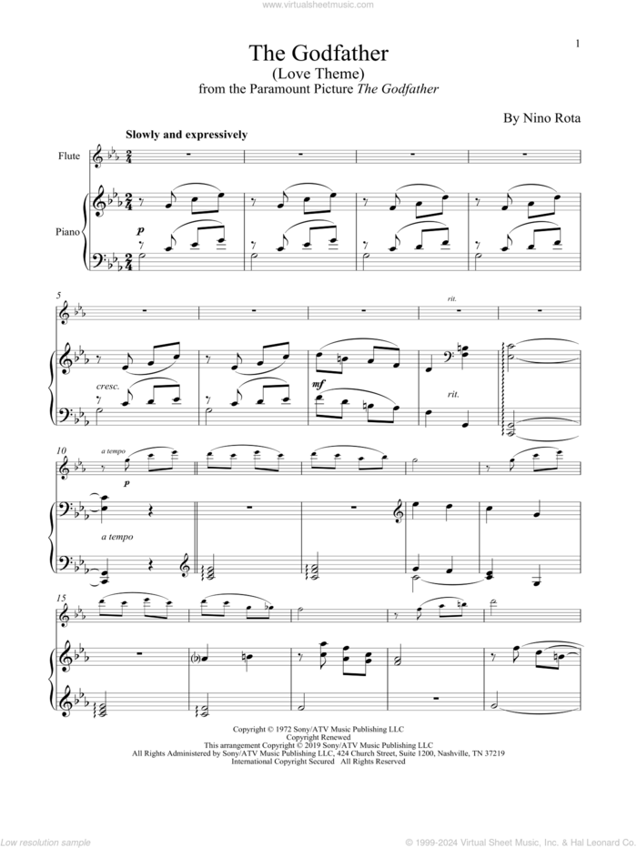 The Godfather (Love Theme) sheet music for flute and piano by Nino Rota, intermediate skill level