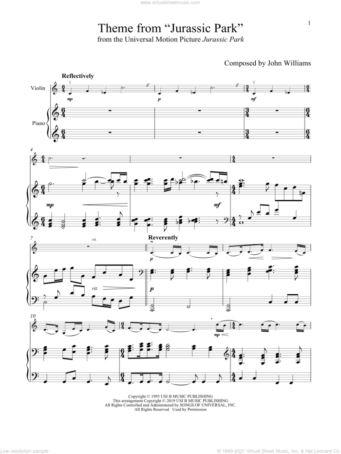 Theme From 'Jurassic Park' sheet music for violin and piano by John Williams, intermediate skill level