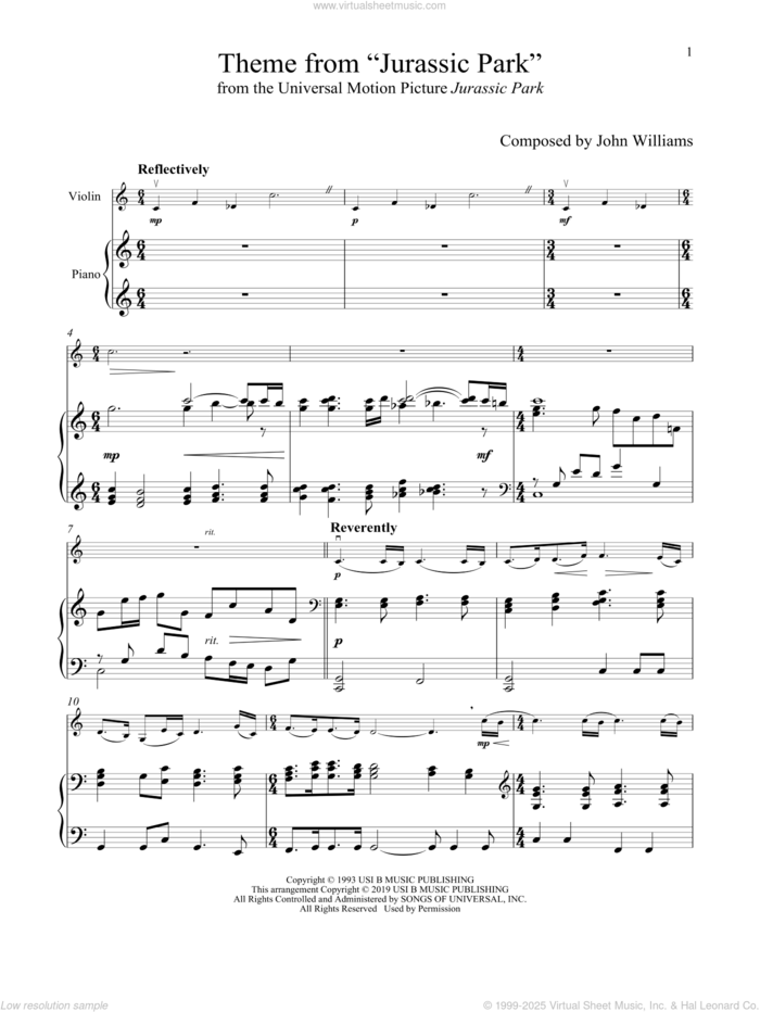 Theme From 'Jurassic Park' sheet music for violin and piano by John Williams, intermediate skill level