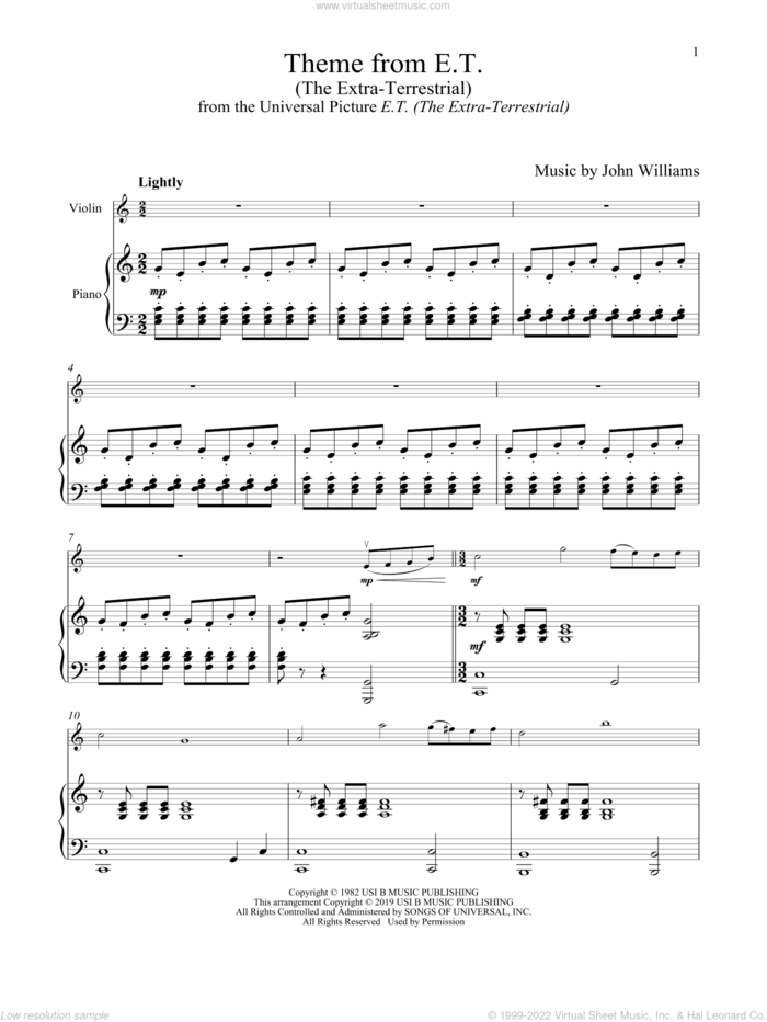Theme From E.T. (The Extra-Terrestrial) sheet music for violin and piano by John Williams, intermediate skill level