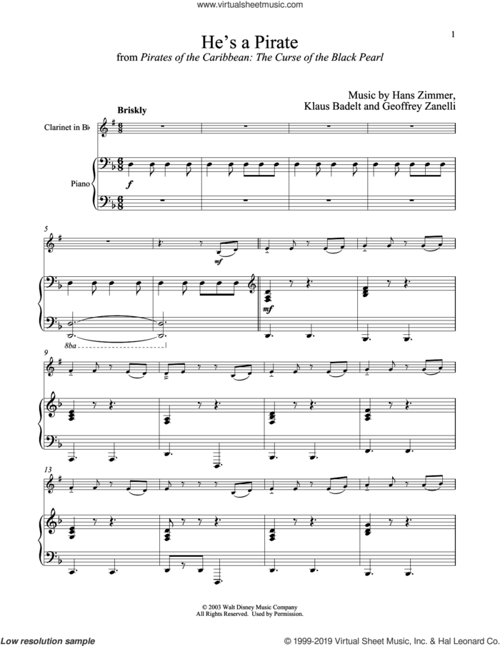 He's A Pirate (from Pirates Of The Caribbean: The Curse of the Black Pearl) sheet music for clarinet and piano by Hans Zimmer, Geoffrey Zanelli and Klaus Badelt, intermediate skill level