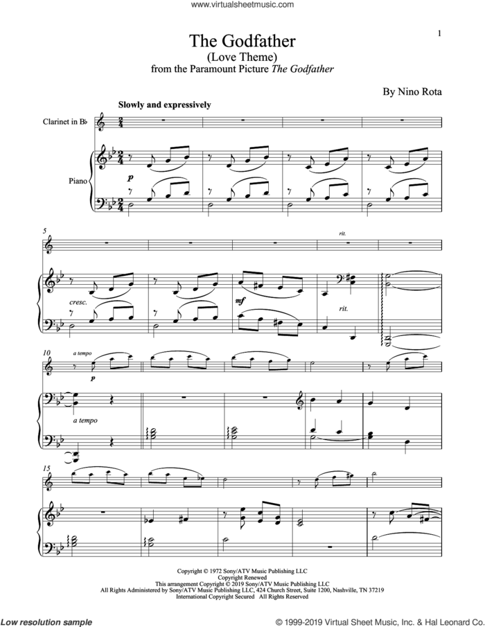 The Godfather (Love Theme) sheet music for clarinet and piano by Nino Rota, intermediate skill level