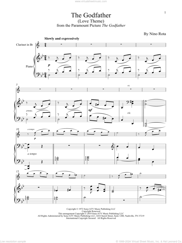 The Godfather (Love Theme) sheet music for clarinet and piano by Nino Rota, intermediate skill level