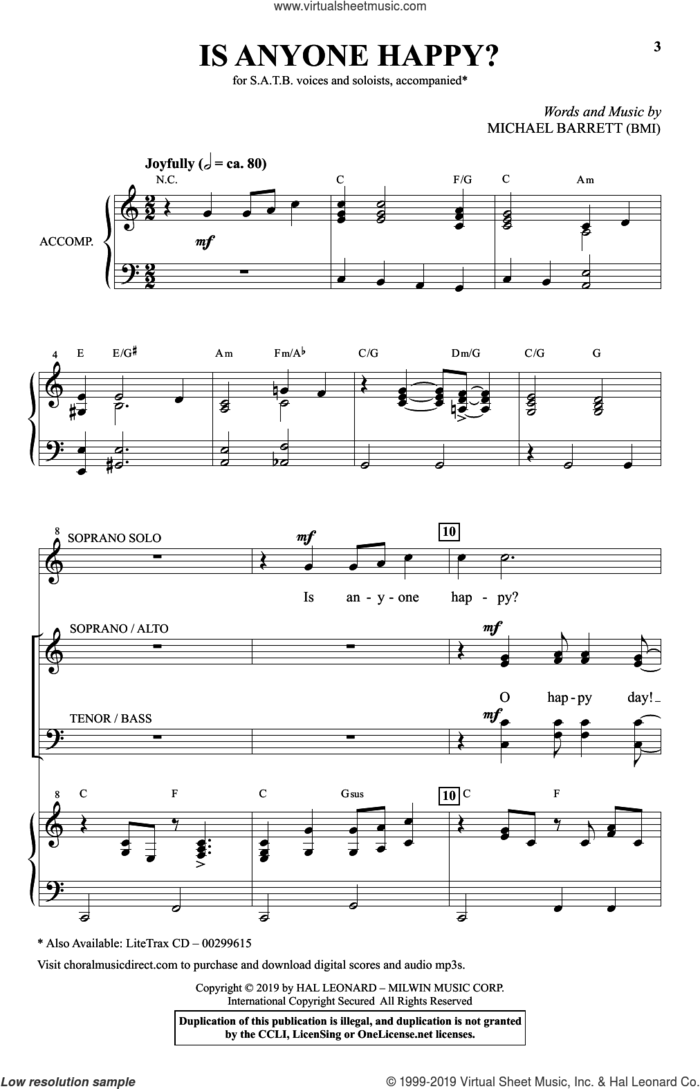 Is Anyone Happy? sheet music for choir (SATB: soprano, alto, tenor, bass) by Michael Barrett, intermediate skill level