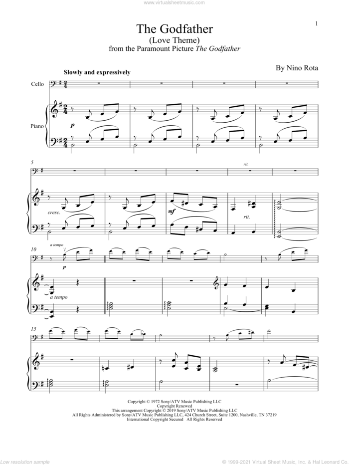 The Godfather (Love Theme) sheet music for cello and piano by Nino Rota, intermediate skill level