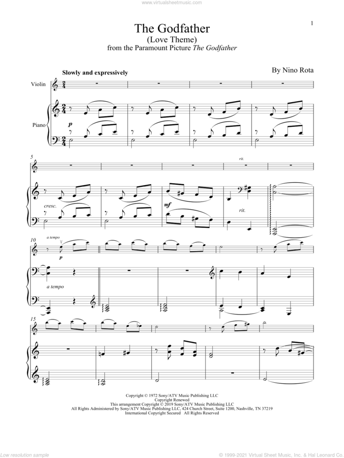 The Godfather (Love Theme) sheet music for violin and piano by Nino Rota, intermediate skill level