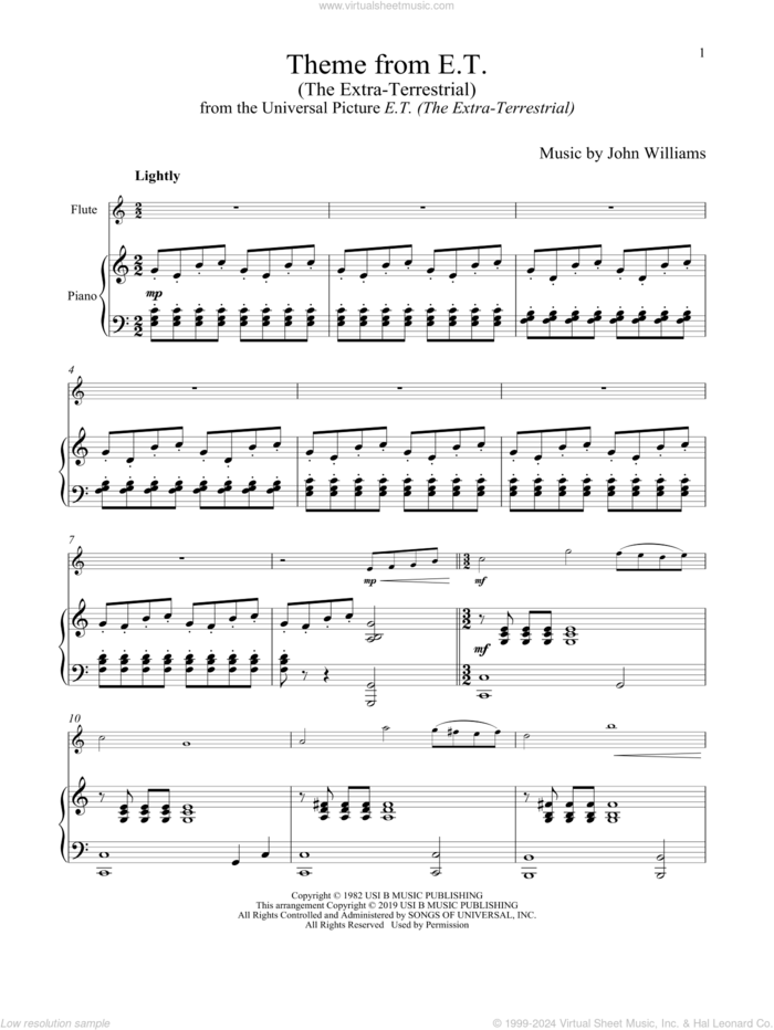 Theme From E.T. (The Extra-Terrestrial) sheet music for flute and piano by John Williams, intermediate skill level