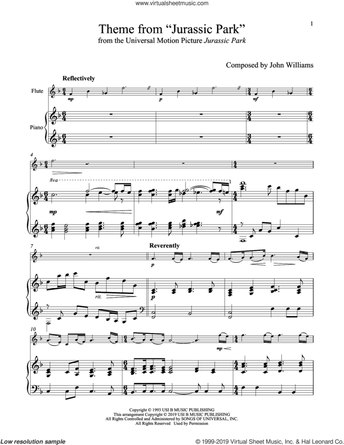 Theme From 'Jurassic Park' sheet music for flute and piano by John Williams, intermediate skill level
