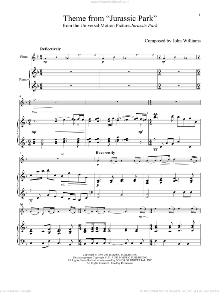 Theme From 'Jurassic Park' sheet music for flute and piano by John Williams, intermediate skill level