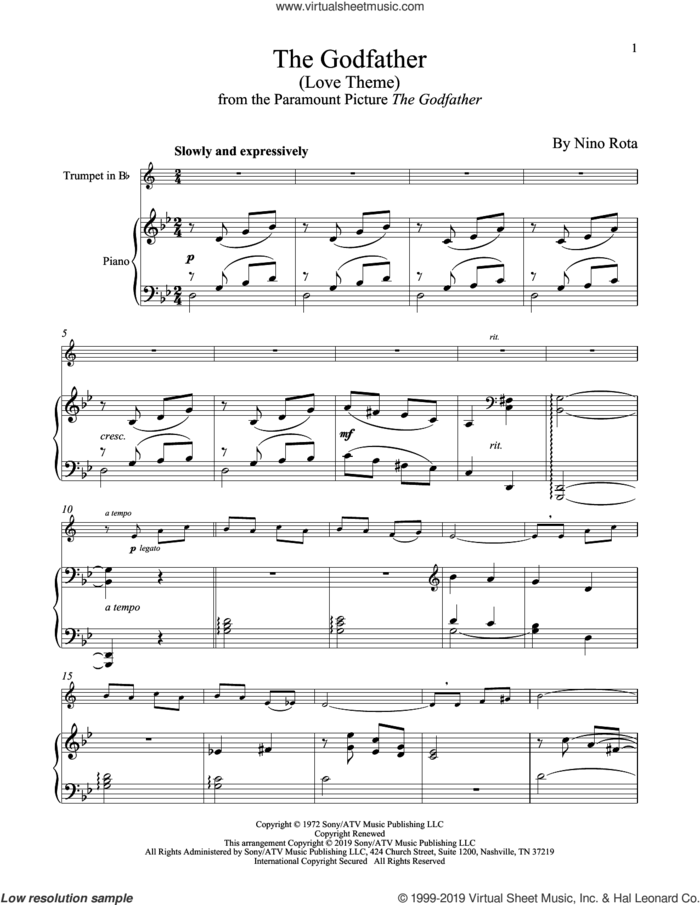 The Godfather (Love Theme) sheet music for trumpet and piano by Nino Rota, intermediate skill level