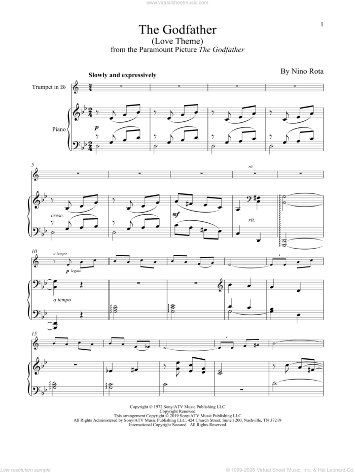 The Godfather (Love Theme) sheet music for trumpet and piano by Nino Rota, intermediate skill level