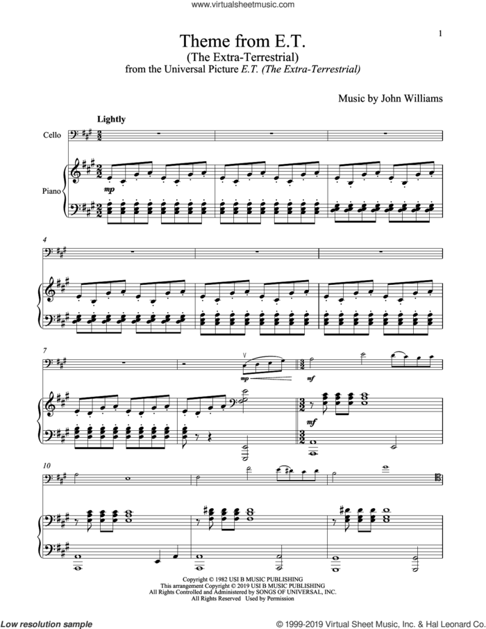 Theme From E.T. (The Extra-Terrestrial) sheet music for cello and piano by John Williams, intermediate skill level