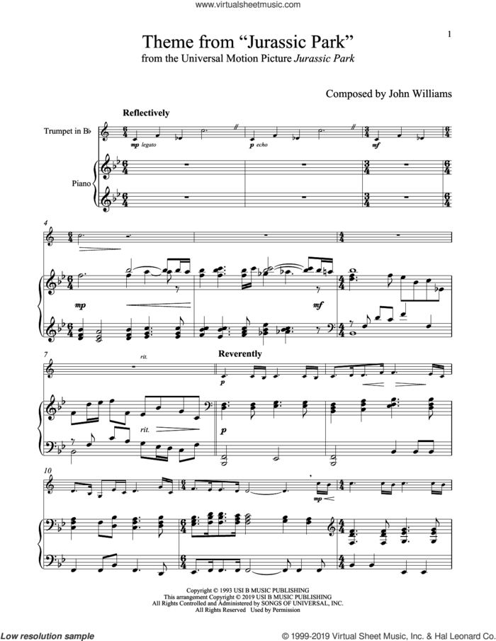 Theme From 'Jurassic Park' sheet music for trumpet and piano by John Williams, intermediate skill level