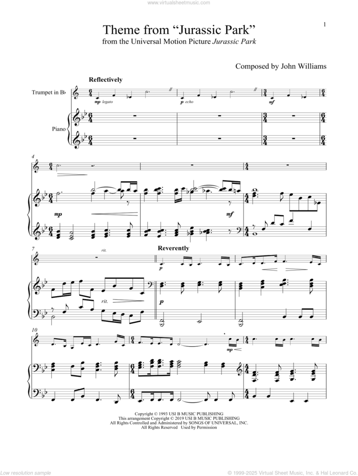 Theme From 'Jurassic Park' sheet music for trumpet and piano by John Williams, intermediate skill level