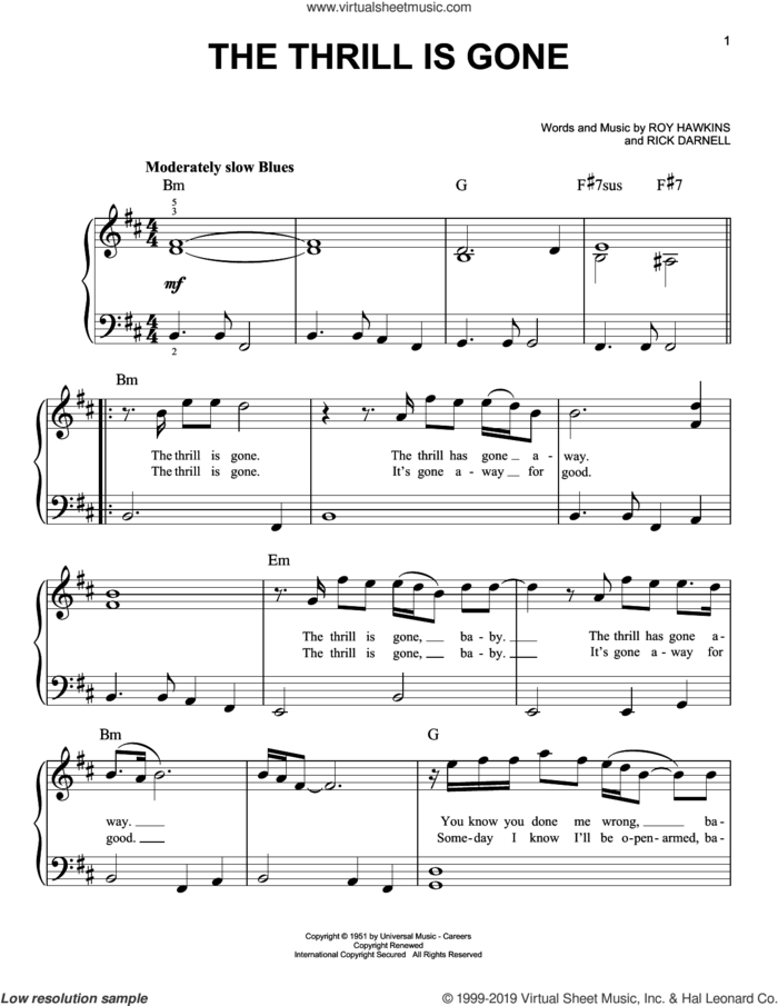The Thrill Is Gone, (beginner) sheet music for piano solo by B.B. King, Rick Darnell and Roy Hawkins, beginner skill level