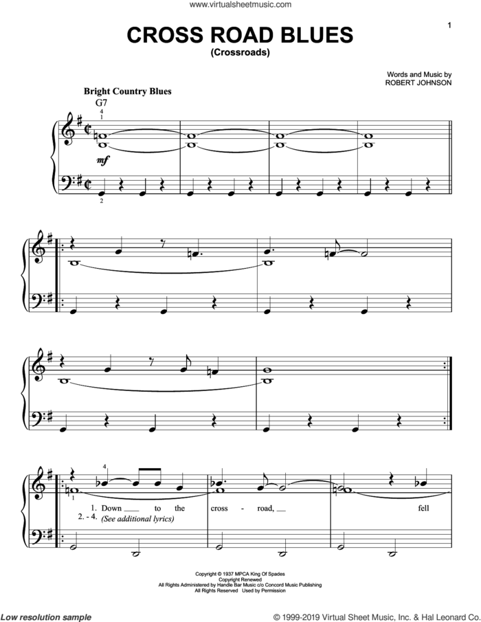 Cross Road Blues (Crossroads) sheet music for piano solo by Cream, Eric Clapton and Robert Johnson, beginner skill level