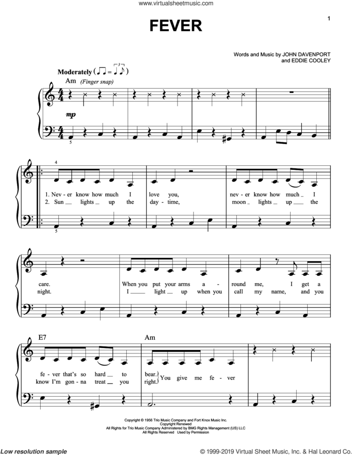 Fever, (beginner) sheet music for piano solo by Peggy Lee, Eddie Cooley and John Davenport, beginner skill level