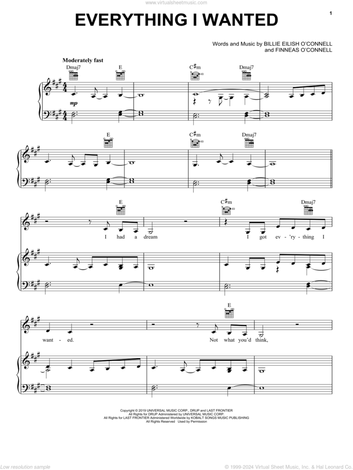 everything i wanted sheet music for voice, piano or guitar by Billie Eilish, intermediate skill level