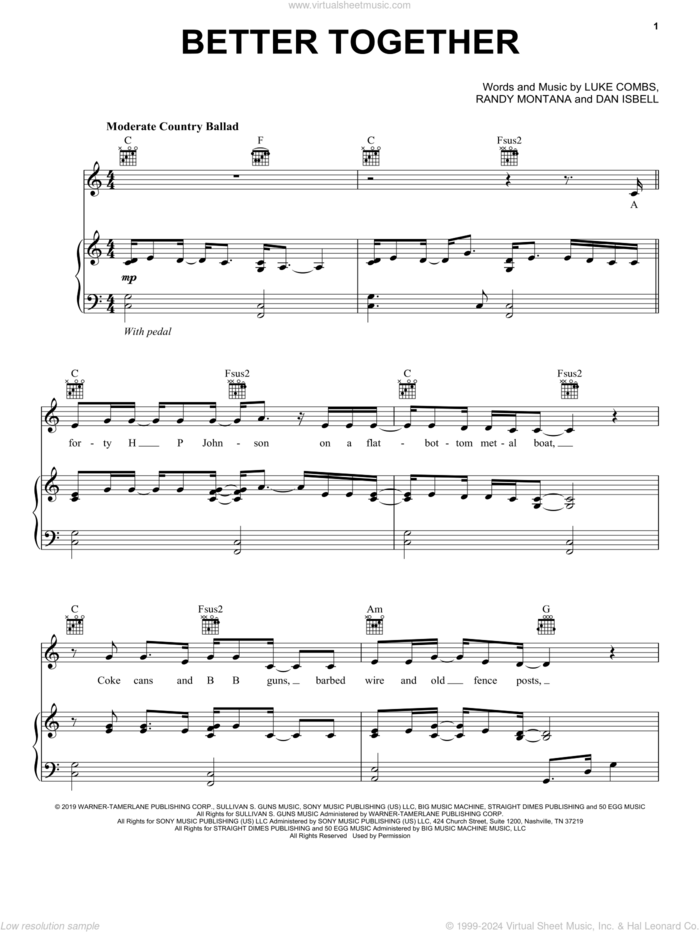 Better Together sheet music for voice, piano or guitar by Luke Combs, Dan Isbell and Randy Montana, intermediate skill level