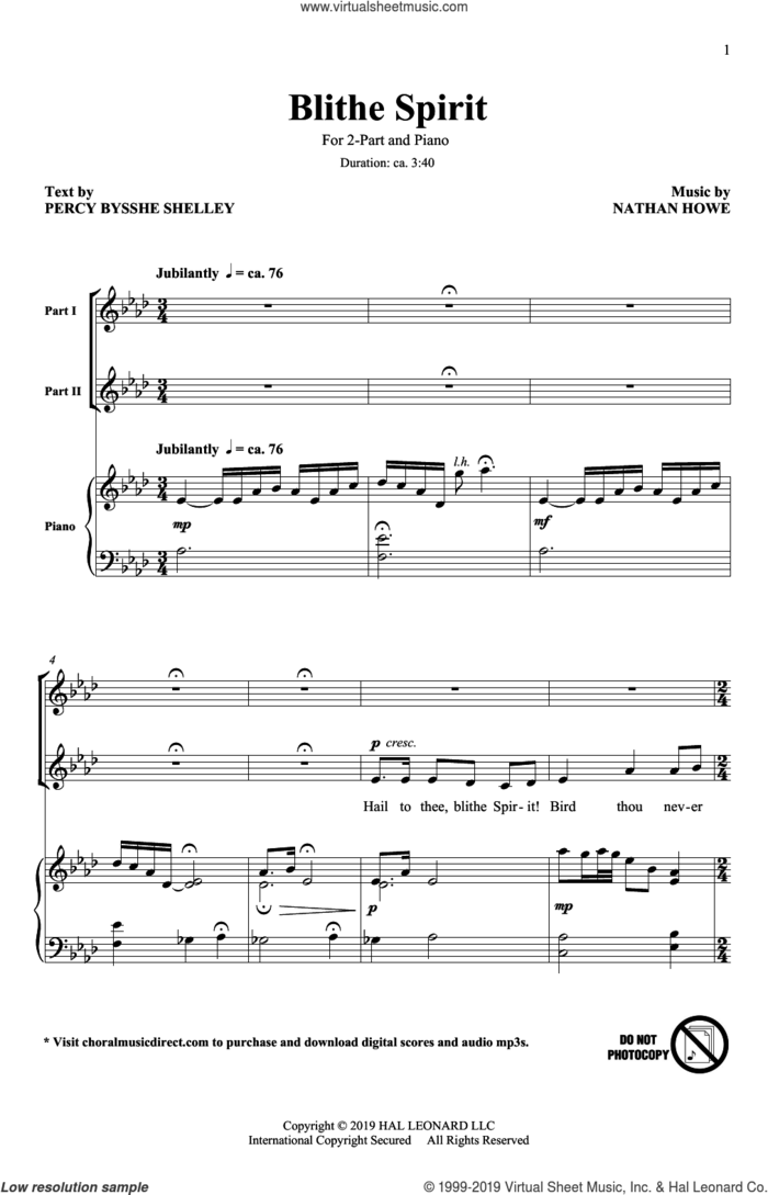 Blithe Spirit sheet music for choir (2-Part) by Nathan Howe and Percy Bysshe Shelley, intermediate duet
