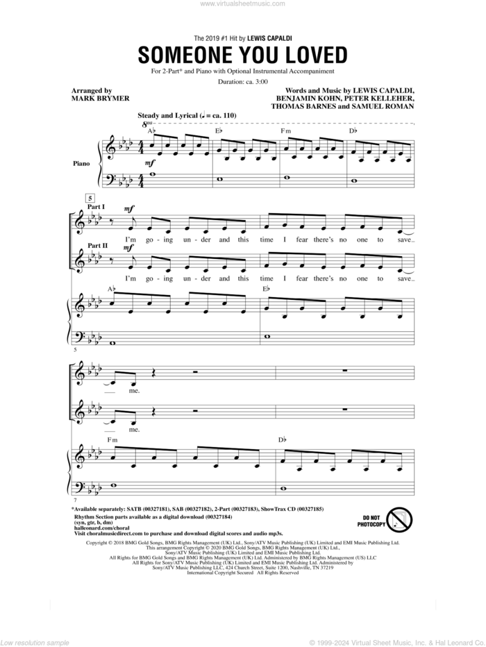 Someone You Loved (arr. Mark Brymer) sheet music for choir (2-Part) by Lewis Capaldi, Mark Brymer, Benjamin Kohn, Peter Kelleher, Samuel Roman and Thomas Barnes, intermediate duet