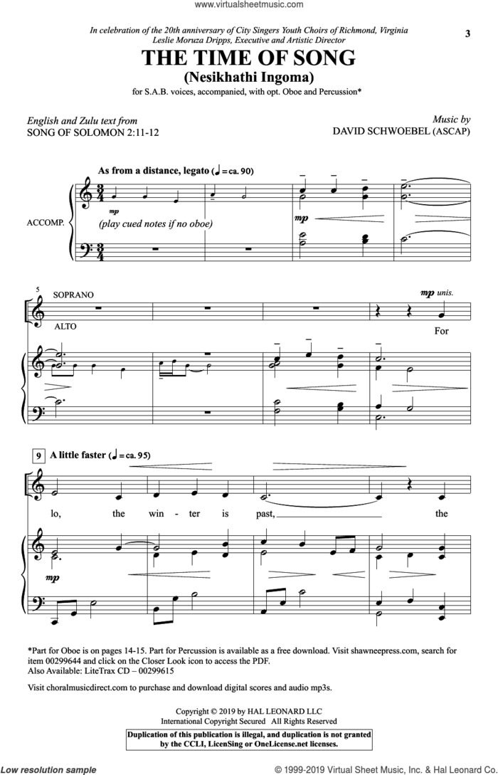 The Time Of Song (Nesikhathi Ingoma) sheet music for choir (SAB: soprano, alto, bass) by David Schwoebel and Song Of Solomon 2:11-2, intermediate skill level