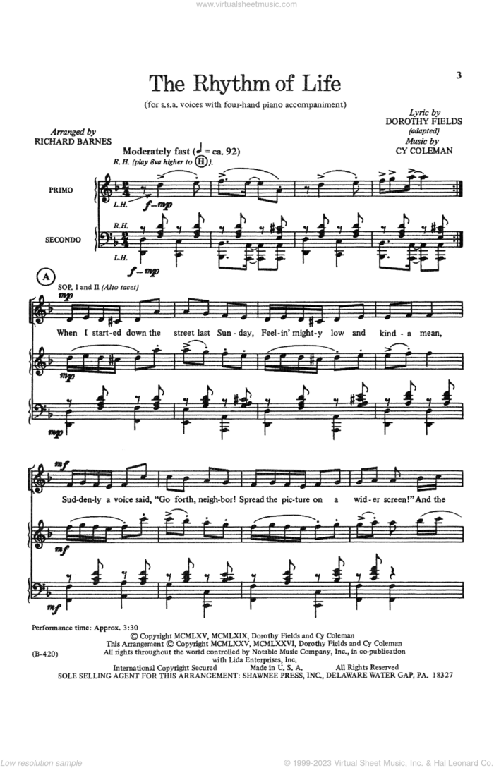 The Rhythm Of Life (from Sweet Charity) (arr. Richard Barnes) sheet music for choir (SSA: soprano, alto) by Cy Coleman, Richard Barnes, Cy Coleman and Dorothy Fields and Dorothy Fields, intermediate skill level
