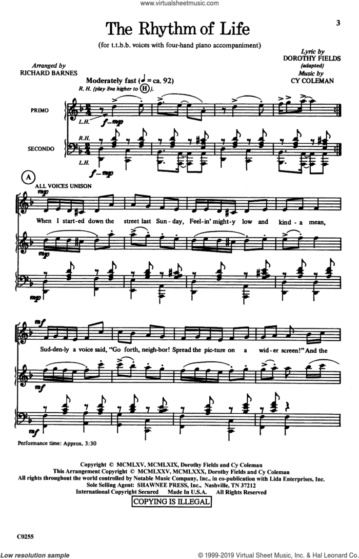 The Rhythm Of Life (from Sweet Charity) (arr. Richard Barnes) sheet music for choir (TTBB: tenor, bass) by Cy Coleman, Richard Barnes, Cy Coleman and Dorothy Fields and Dorothy Fields, intermediate skill level