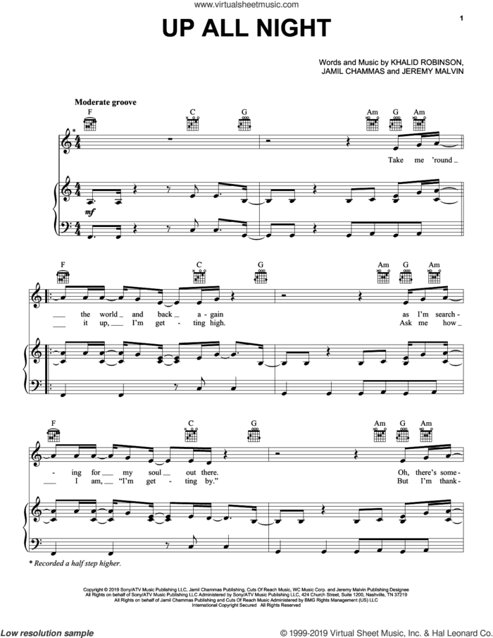 Up All Night sheet music for voice, piano or guitar by Khalid, Jamil Chammas, Jeremy Malvin and Khalid Robinson, intermediate skill level