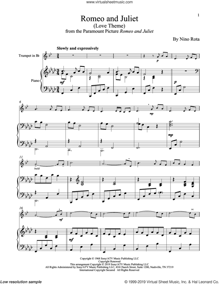 Romeo And Juliet (Love Theme) sheet music for trumpet and piano by Henry Mancini and Nino Rota, intermediate skill level