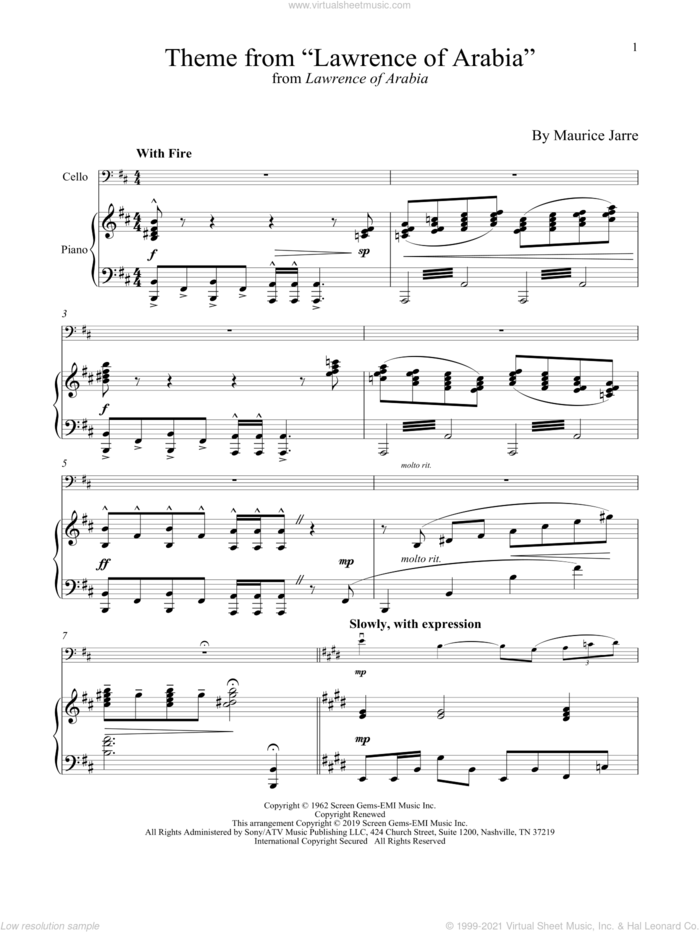Theme From 'Lawrence Of Arabia' sheet music for cello and piano by Maurice Jarre, intermediate skill level