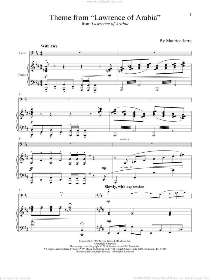 Theme From 'Lawrence Of Arabia' sheet music for cello and piano by Maurice Jarre, intermediate skill level