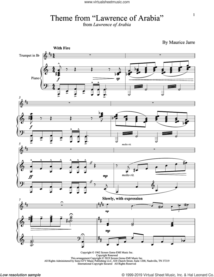 Theme From 'Lawrence Of Arabia' sheet music for trumpet and piano by Maurice Jarre, intermediate skill level