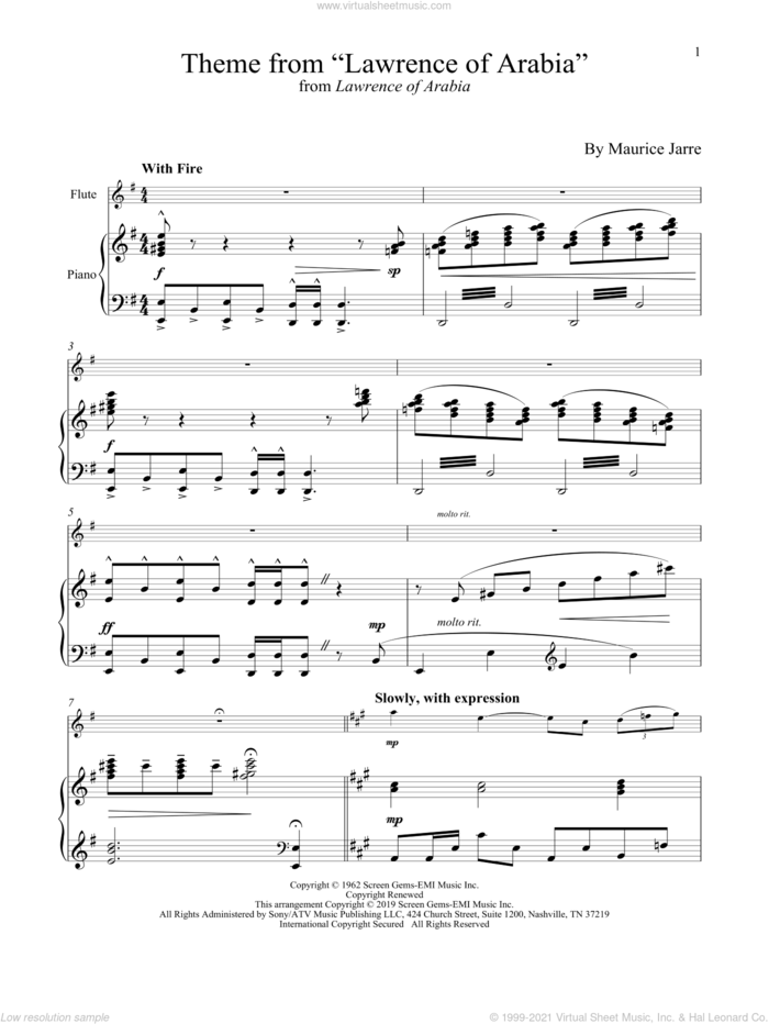 Theme From 'Lawrence Of Arabia' sheet music for flute and piano by Maurice Jarre, intermediate skill level