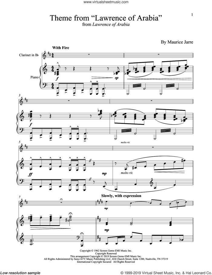 Theme From 'Lawrence Of Arabia' sheet music for clarinet and piano by Maurice Jarre, intermediate skill level