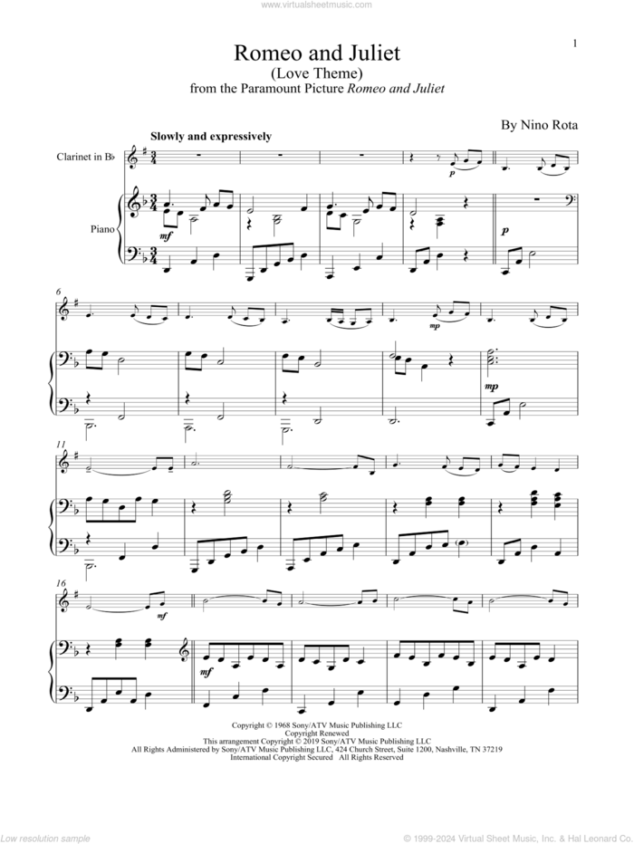 Romeo And Juliet (Love Theme) sheet music for clarinet and piano by Henry Mancini and Nino Rota, intermediate skill level