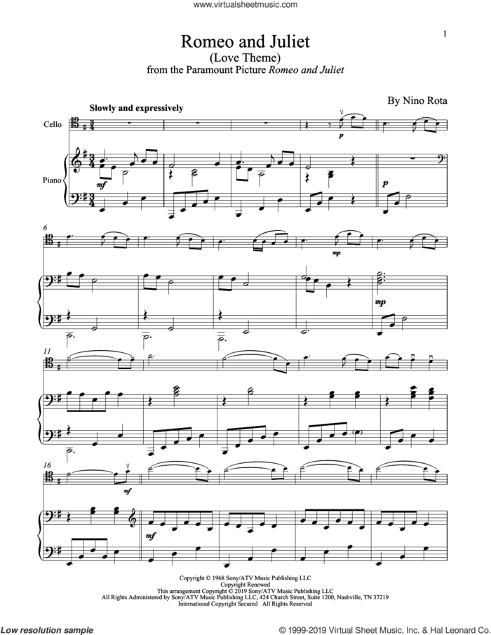 Romeo And Juliet (Love Theme) sheet music for cello and piano by Henry Mancini and Nino Rota, intermediate skill level
