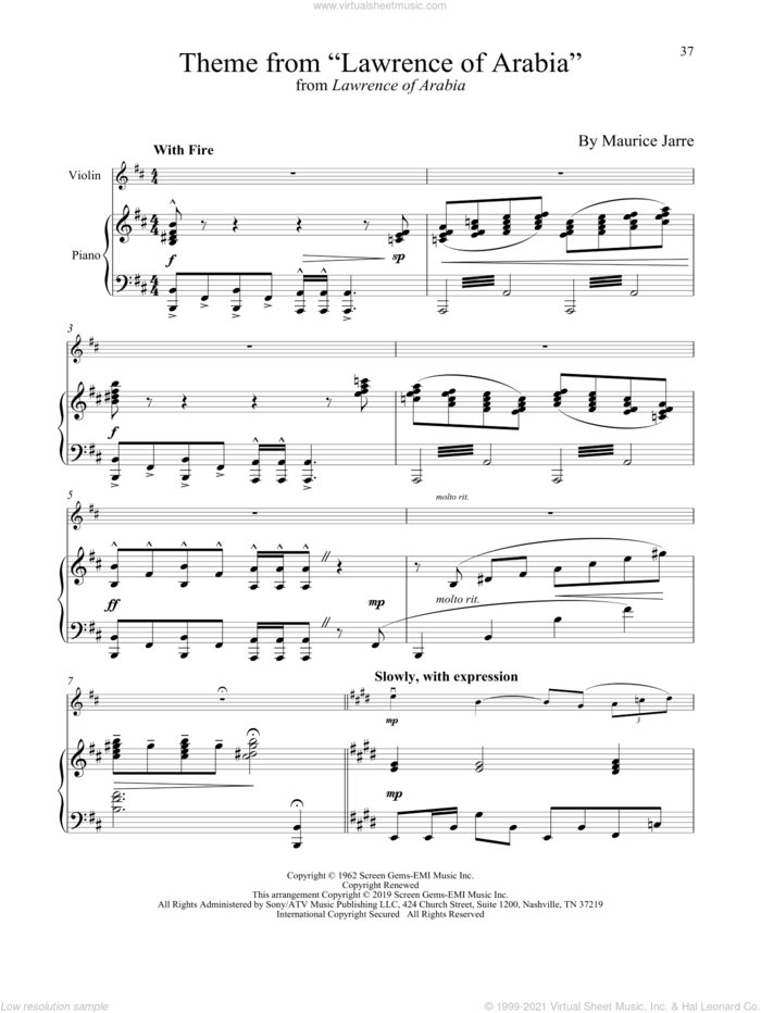 Theme From 'Lawrence Of Arabia' sheet music for violin and piano by Maurice Jarre, intermediate skill level
