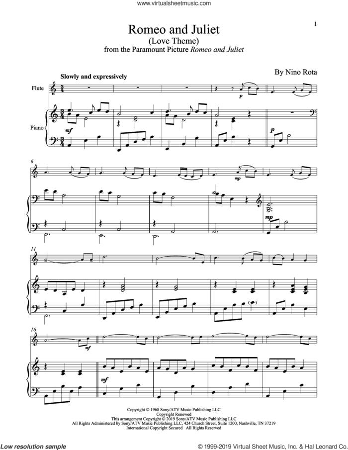 Romeo And Juliet (Love Theme) sheet music for flute and piano by Henry Mancini and Nino Rota, intermediate skill level