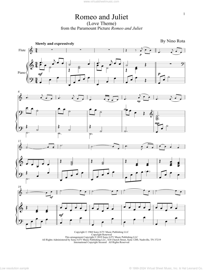 Romeo And Juliet (Love Theme) sheet music for flute and piano by Henry Mancini and Nino Rota, intermediate skill level