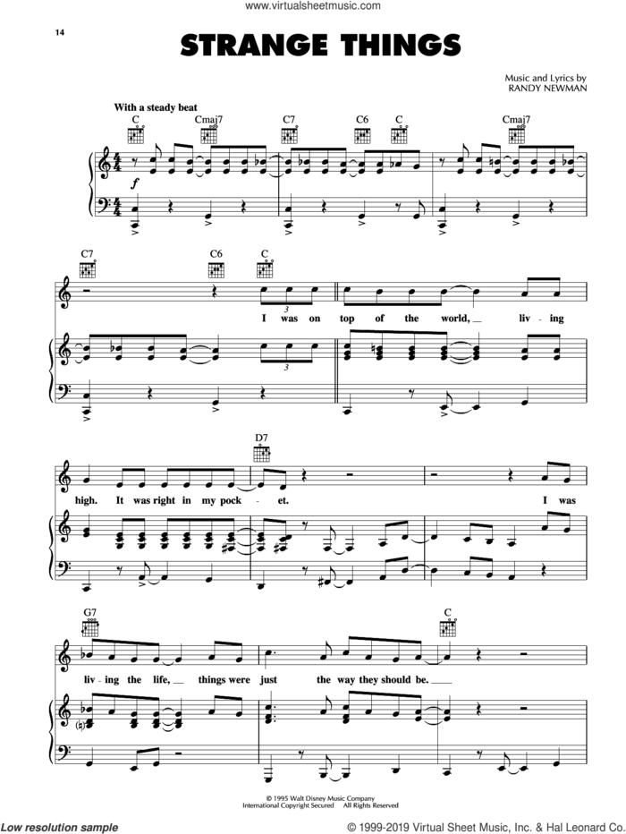 Strange Things (from Disney's Toy Story) sheet music for voice, piano or guitar by Randy Newman, intermediate skill level
