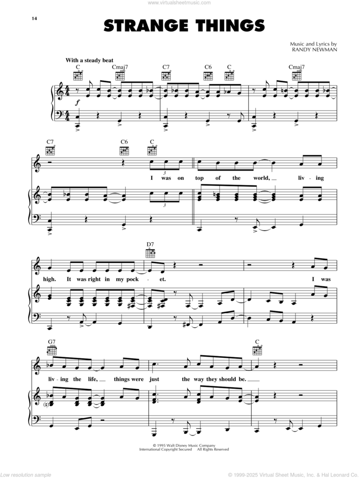 Strange Things (from Disney's Toy Story) sheet music for voice, piano or guitar by Randy Newman, intermediate skill level