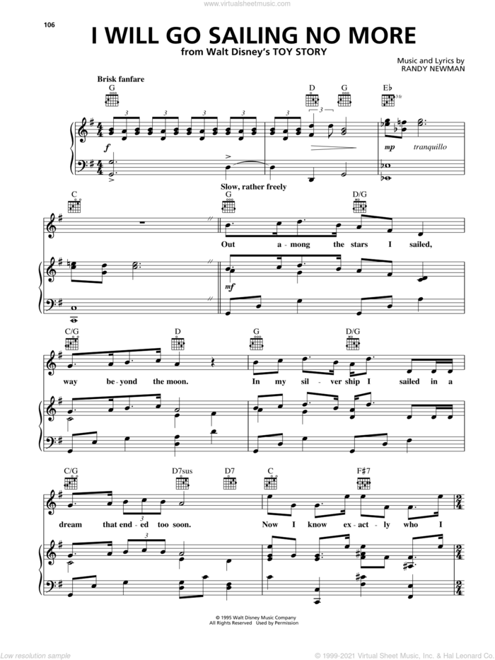 I Will Go Sailing No More (from Disney's Toy Story) sheet music for voice, piano or guitar by Randy Newman, intermediate skill level